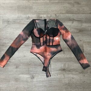 Black and Orange Sheer Long Sleeve Bodysuit